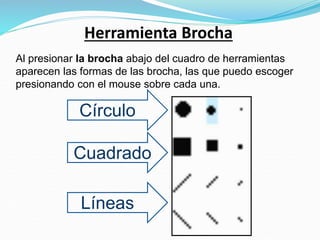 Herramienta Brocha
Al presionar la brocha abajo del cuadro de herramientas
aparecen las formas de las brocha, las que puedo escoger
presionando con el mouse sobre cada una.
Círculo
Cuadrado
Líneas
 