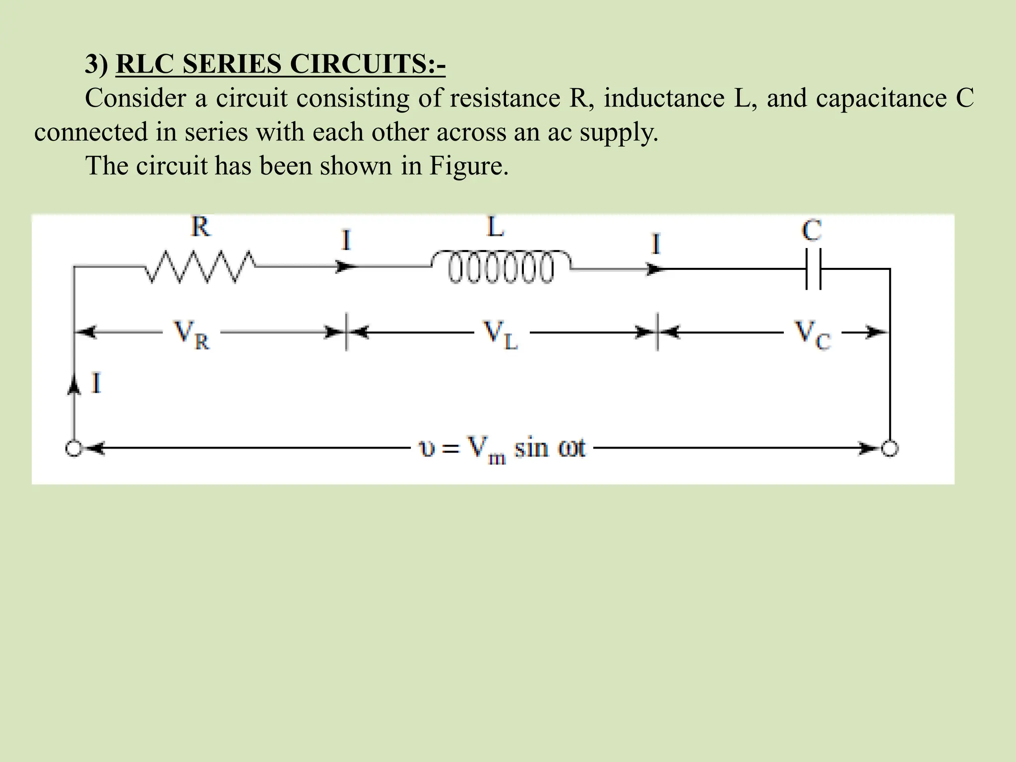 3) RLC SERIES CIRCUITS:-
Consider a circuit consisting of resistance R, inductance L, and capacitance C
connected in series with each other across an ac supply.
The circuit has been shown in Figure.
 