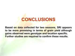 CONCLUSIONS Based on data collected for two seasons, SRI appears to be more promising in terms of grain yield although gai...