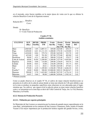 Diagnóstico Municipal Consolidado, San Lorenzo




 en el mercado, estos fueron medidos en la mejor época de venta con lo que se obtiene la
 relación Beneficio Costo de la Siguiente manera:

                  Beneficio
 Relación B/C =
                   Costo

 Donde:
          B= Beneficio
          C= Costo Total de Producción

                                      Cuadro Nº 56
                                    Análisis económico

  CULTIVO          SUP.       REND. PROD.           Costo      Precio Precio Relación
                   (Ha.)      Ton/Ha. TM           $us Ha.     Venta    Total  B/C
                                                              $us TM $us Ha.
Maíz            2,965.00        1.05 2,007.31     369.00      623.00    654.15  1.77
Papa            1,850.00        6.01 11,111.10 1,300.00       372.38 2,238.00   1.72
Trigo           1,010.00        0.86    579.74    295.00      623.00    535.78  1.82
Arveja            653.00        1.08    701.98    287.00      375.00    405.00  1.41
Hortalizas         98.00        4.21    441.98    300.00      135.48    570.37  1.90
Caña de Azúcar 60.00           36.80 2,208.00 1,380.00        127.50 4.692.00   3.40
Papaliza           29.00        4.00    116.00    298.00      138.69    554.76  1.86
Cebada             40.00        0.65     18.00    236.00      295.00    191.75  0.81
Maní               25.48        1.12     28.61    352.00      423.00    475.03  1.35
Vid               179.00        6.20 1,109.80 1,546.00        749.40 4,646.28   3.01
Frutilla *         10.00       30.00    300.00 12.000.00      895.52 26.865.67  2.24
Durazno           290.00        5.70 1,653.00 1,498.00        837.92 4,776.14   3.19
Manzana            16.07        5.60     90.00 1,480.00       639.66 3,582.10   2.42
* Primera cosecha

 Como se puede observar en el cuadro Nº 56, el cultivo de mejor relación beneficio/costo se
 presenta en el cultivo de la caña de azúcar donde se tiene una relación de 3.40, pero debido a que
 en la zona se produce en pequeñas superficies estas relaciones no son adecuadas para el lugar;
 mientras que los cultivos que siguen al de la caña de azúcar en tener mejor relación beneficio
 costo y se encuentran en la zona baja es decir del Valle Central de Tarija, son: La Vid, Durazno,
 Manzana y la Frutilla.

 d.2.2. Sistema de Producción Pecuario

 d.2.2.1. Población por especies principales

 En Municipio de San Lorenzo se caracteriza por la crianza de ganado mayor especialmente en la
 zona Baja, principalmente en los cantones de San Lorenzo, Canasmoro, Sella, siendo el Ganado
 Vacuno el de mayor importancia por la producción lechera seguido del ganado bovino, ovino,

                                                                                               103
 