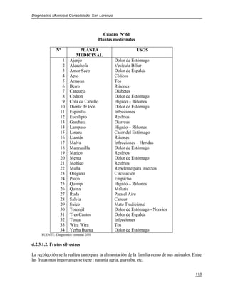 Diagnóstico Municipal Consolidado, San Lorenzo




                                           Cuadro Nº 61
                                        Plantas medicinales

              Nº            PLANTA                            USOS
                         MEDICINAL
                 1    Ajenjo                     Dolor de Estómago
                 2    Alcachofa                  Vesícula Biliar
                 3    Amor Seco                  Dolor de Espalda
                 4    Apio                       Cólicos
                 5    Arrayan                    Tos
                 6    Berro                      Riñones
                 7    Carqueja                   Diabetes
                 8    Cedron                     Dolor de Estómago
                 9    Cola de Caballo            Higado – Riñones
                10    Diente de león             Dolor de Estómago
                11    Espinillo                  Infecciones
                12    Eucalipto                  Resfrios
                13    Garchata                   Diarreas
                14    Lampaso                    Higado – Riñones
                15    Linaza                     Calor del Estómago
                16    Llantén                    Riñones
                17    Malva                      Infecciones – Heridas
                18    Manzanilla                 Dolor de Estómago
                19    Matico                     Resfrios
                20    Menta                      Dolor de Estómago
                21    Mohico                     Resfrios
                22    Muña                       Repelente para insectos
                23    Orégano                    Circulación
                24    Paico                      Empacho
                25    Quimpi                     Higado – Riñones
                26    Quina                      Malaria
                27    Ruda                       Para el Aire
                28    Salvia                     Cancer
                29    Suico                      Mate Tradicional
                30    Toronjil                   Dolor de Estómago - Nervios
                31    Tres Cantos                Dolor de Espalda
                32    Tusca                      Infecciones
                33    Wira Wira                  Tos
                34    Yerba Buena                Dolor de Estómago
     FUENTE: Diagnostico comunal 2001


d.2.3.1.2. Frutos silvestres

La recolección se la realiza tanto para la alimentación de la familia como de sus animales. Entre
las frutas más importantes se tiene : naranja agria, guayaba, etc.


                                                                                             113
 