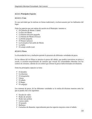 Diagnóstico Municipal Consolidado, San Lorenzo




d.2.4.1. Principales Especies

d.2.4.1.1. Caza

Es una actividad que la realizan en forma tradicional y exclusivamente por los habitantes del
lugar.

Entre las especies que son sujetas de cacería en el Municipio tenemos a:
  El Chancho de Monte o Jabalí
  La Pava de Monte
  La Paloma Silvestre pequeña
  La Paloma de Monte (Torcaz)
  La Perdiz pequeña
  El Huayco (pisaca)
  La Corzuela o Servatillo de Monte
  La liebre
  El conejo criollo (cui)

d.2.4.1.2. Pesca

La diversidad de ríos y riachuelos permite la presencia de diferentes variedades de peces.

En las riberas del río Pilaya se practica la pesca del sábalo, que podría convertirse en pesca a
escala, si existiera mejoramiento de caminos que vincule las comunidades ribereñas con los
centros de consumo, además de un control que elimine la pesca indiscriminada con dinamita.

Entre las principales especies se tiene:

    El doradito
    La churuma
    El misquincho
    Llausa
    El sábalo
    El Bagre
    El cangrejo

Los sistemas de pesca, de las diferentes variedades se la realiza de diversas maneras entre las
que se puede citar a las siguientes:

    Secado de vados
    Redes de arrastre
    Redes tipo pollera
    Lanzas arpón
    El anzuelo
    Barbasco
    Cartuchos de dinamita, especialmente para las especies mayores como el sábalo.
                                                                                             116
 