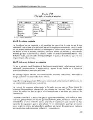 Diagnóstico Municipal Consolidado, San Lorenzo




                                           Cuadro Nº 63
                                 Principales productos artesanales

                                       PRODUCTOS
        LANA Y CUERO               MADERA     ARCILLA                FIERRO
       Caromas                 Alforjas          Ladrillos    Puntas de Azada
       Costales                Aguama            Ollas        Puntas de Azadón
       Eugones                 Arado de Palo     Tejas        Puntas de Picota
       Lazos                   Mangos de Palo
       Ponchos                 Phuisca
       Pullos                  Telar
 FUENTE: Boleta Comunal 2001


d.2.5.2. Tecnología empleada

La Tecnología que es empleada en el Municipio en especial de la zona alta es de tipo
tradicional, caracterizado principalmente por utilizar implementos artesanales confeccionados
por los propios comunarios como ser: los telares para la confección de tejidos, los arados que
son hechos a base de machete, serrucho y cuchillos, además de punzones y otros enseres.
Mientras que para la elaboración de cerámica cuentan con hornos rudimentarios hechos a base
de barro y piedra, que son usados principalmente para el quemado de ladrillos y tejas yen poca
proporción para ollas y vasijas.

d.2.5.3. Volumen y destino de la producción

Por ser la artesanía en el Municipio de San Lorenzo una actividad exclusivamente rústica y
tradicional, complementaria a la agropecuaria y además de uso familiar no se dispone de
grandes volúmenes de materiales fabricados.

Sin embargo algunos artículos son comercializados mediante venta directa, intercambio o
trueque, conforme sea la necesidad de las familias.

La producción agropecuaria en el Municipio condiciona la comercialización de la misma por
sus características cualitativas y cuantitativas.

La venta de los productos agropecuarios se la realiza por una parte en forma directa del
productor al consumidor en los principales mercados de San Lorenzo y Tarija y en los propios
centros de producción. Por otra parte a los intermediarios o rescatistas que acuden a las
comunidades.

La comercialización de la producción agrícola y pecuaria es mínima y se la realiza en forma
individual, principalmente por mujeres que traen hortalizas, frutas, tubérculos, cereales y otros
enfrentándose a varios obstáculos debido a la falta de organización que ocasiona una baja
capacidad de negociación que es aprovechada por los intermediarios que logra en muchos
casos un precio mínimo por el producto, quedando un margen de ganancias en manos de
terceras personas en detrimento de productores y consumidores.
                                                                                             119
 