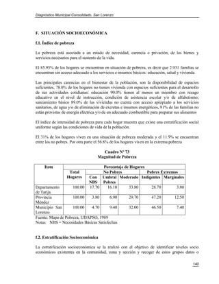 Diagnóstico Municipal Consolidado, San Lorenzo




F. SITUACIÓN SOCIOECONÓMICA

f.1. Índice de pobreza

La pobreza está asociada a un estado de necesidad, carencia o privación, de los bienes y
servicios necesarios para el sustento de la vida.

El 85.95% de los hogares se encuentran en situación de pobreza, es decir que 2.931 familias se
encuentran sin acceso adecuado a los servicios e insumos básicos: educación, salud y vivienda.

Las principales carencias en el bienestar de la población, son la disponibilidad de espacios
suficientes, 78.0% de los hogares no tienen vivienda con espacios suficientes para el desarrollo
de sus actividades cotidianas: educación 90.0% tienen al menos un miembro con rezago
educativo en el nivel de instrucción, condición de asistencia escolar y/o de alfabetismo;
saneamiento básico 89.0% de las viviendas no cuenta con acceso apropiado a los servicios
sanitarios, de agua y/o de eliminación de excretas e insumos energéticos, 91% de las familias no
están provistas de energía eléctrica y/o de un adecuado combustible para preparar sus alimentos

El índice de intensidad de pobreza para cada hogar muestra que existe una estratificación social
uniforme según las condiciones de vida de la población.

El 31% de los hogares viven en una situación de pobreza moderada y el 11.9% se encuentran
entre los no pobres. Por otra parte el 56.8% de los hogares viven en la extrema pobreza

                                       Cuadro Nº 73
                                    Magnitud de Pobreza

     Item                            Porcentaje de Hogares
                   Total             No Pobres             Pobres Extremos
                  Hogares      Con Umbral Moderado Indigentes Marginales
                               NBS Pobres
Departamento        100.00     17.70   16.10      33.80      28.70       3.80
de Tarija
Provincia           100.00   3.80       6.90          29.70         47.20        12.50
Méndez
Municipio San       100.00   4.70       9.40          32.00         46.50         7.40
Lorenzo
Fuente: Mapa de Pobreza, UDAPSO, 1989
Notas: NBS = Necesidades Básicas Satisfechas


f.2. Estratificación Socioeconómica

La estratificación socioeconómica se la realizó con el objetivo de identificar niveles socio
económicos existentes en la comunidad, zona y sección y recoger de estos grupos datos o

                                                                                            140
 