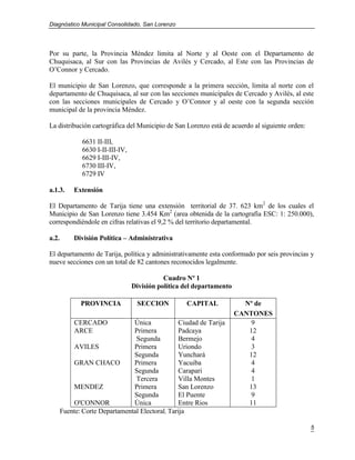 Diagnóstico Municipal Consolidado, San Lorenzo




Por su parte, la Provincia Méndez limita al Norte y al Oeste con el Departamento de
Chuquisaca, al Sur con las Provincias de Avilés y Cercado, al Este con las Provincias de
O’Connor y Cercado.

El municipio de San Lorenzo, que corresponde a la primera sección, limita al norte con el
departamento de Chuquisaca, al sur con las secciones municipales de Cercado y Avilés, al este
con las secciones municipales de Cercado y O’Connor y al oeste con la segunda sección
municipal de la provincia Méndez.

La distribución cartográfica del Municipio de San Lorenzo está de acuerdo al siguiente orden:

               6631 II-III,
               6630 I-II-III-IV,
               6629 I-III-IV,
               6730 III-IV,
               6729 IV

a.1.3.      Extensión

El Departamento de Tarija tiene una extensión territorial de 37. 623 km2 de los cuales el
Municipio de San Lorenzo tiene 3.454 Km2 (area obtenida de la cartografía ESC: 1: 250.000),
correspondiéndole en cifras relativas el 9,2 % del territorio departamental.

a.2.        División Política – Administrativa

El departamento de Tarija, política y administrativamente esta conformado por seis provincias y
nueve secciones con un total de 82 cantones reconocidos legalmente.

                                              Cuadro Nº 1
                                   División política del departamento

              PROVINCIA             SECCION          CAPITAL              Nº de
                                                                        CANTONES
            CERCADO             Única             Ciudad de Tarija          9
            ARCE                Primera           Padcaya                  12
                                 Segunda          Bermejo                   4
           AVILES               Primera           Uriondo                   3
                                Segunda           Yunchará                 12
           GRAN CHACO           Primera           Yacuiba                   4
                                Segunda           Carapari                  4
                                 Tercera          Villa Montes              1
           MENDEZ               Primera           San Lorenzo              13
                                Segunda           El Puente                 9
           O'CONNOR             Única             Entre Rios               11
       Fuente: Corte Departamental Electoral, Tarija

                                                                                                5
 