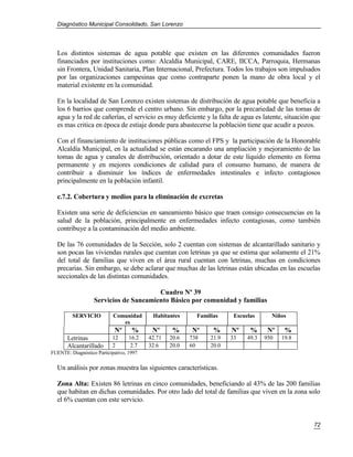 Diagnóstico Municipal Consolidado, San Lorenzo




  Los distintos sistemas de agua potable que existen en las diferentes comunidades fueron
  financiados por instituciones como: Alcaldía Municipal, CARE, IICCA, Parroquia, Hermanas
  sin Frontera, Unidad Sanitaria, Plan Internacional, Prefectura. Todos los trabajos son impulsados
  por las organizaciones campesinas que como contraparte ponen la mano de obra local y el
  material existente en la comunidad.

  En la localidad de San Lorenzo existen sistemas de distribución de agua potable que beneficia a
  los 6 barrios que comprende el centro urbano. Sin embargo, por la precariedad de las tomas de
  agua y la red de cañerías, el servicio es muy deficiente y la falta de agua es latente, situación que
  es mas critica en época de estiaje donde para abastecerse la población tiene que acudir a pozos.

  Con el financiamiento de instituciones públicas como el FPS y la participación de la Honorable
  Alcaldía Municipal, en la actualidad se están encarando una ampliación y mejoramiento de las
  tomas de agua y canales de distribución, orientado a dotar de este líquido elemento en forma
  permanente y en mejores condiciones de calidad para el consumo humano, de manera de
  contribuir a disminuir los índices de enfermedades intestinales e infecto contagiosos
  principalmente en la población infantil.

  c.7.2. Cobertura y medios para la eliminación de excretas

  Existen una serie de deficiencias en saneamiento básico que traen consigo consecuencias en la
  salud de la población, principalmente en enfermedades infecto contagiosas, como también
  contribuye a la contaminación del medio ambiente.

  De las 76 comunidades de la Sección, solo 2 cuentan con sistemas de alcantarillado sanitario y
  son pocas las viviendas rurales que cuentan con letrinas ya que se estima que solamente el 21%
  del total de familias que viven en el área rural cuentan con letrinas, muchas en condiciones
  precarias. Sin embargo, se debe aclarar que muchas de las letrinas están ubicadas en las escuelas
  seccionales de las distintas comunidades.

                                        Cuadro Nº 39
                   Servicios de Saneamiento Básico por comunidad y familias

         SERVICIO           Comunidad      Habitantes      Familias     Escuelas      Niños
                               es
                            Nº      %      Nº      %     Nº      %     Nº     %      Nº    %
       Letrinas            12      16.2   42.71   20.6   738    21.9   33    49.3   950   19.8
       Alcantarillado      2        2.7   32.6    20.0   60     20.0
FUENTE: Diagnóstico Participativo, 1997

  Un análisis por zonas muestra las siguientes características.

  Zona Alta: Existen 86 letrinas en cinco comunidades, beneficiando al 43% de las 200 familias
  que habitan en dichas comunidades. Por otro lado del total de familias que viven en la zona solo
  el 6% cuentan con este servicio.


                                                                                                    72
 