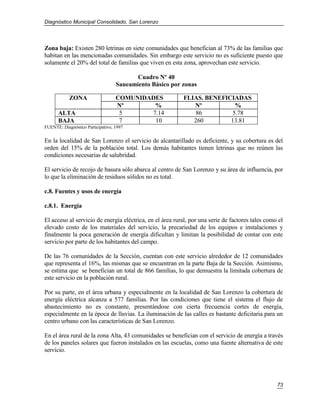 Diagnóstico Municipal Consolidado, San Lorenzo




Zona baja: Existen 280 letrinas en siete comunidades que benefician al 73% de las familias que
habitan en las mencionadas comunidades. Sin embargo este servicio no es suficiente puesto que
solamente el 20% del total de familias que viven en esta zona, aprovechan este servicio.

                                          Cuadro Nº 40
                                   Saneamiento Básico por zonas

            ZONA                   COMUNIDADES            FLIAS. BENEFICIADAS
                                   Nº       %                Nº          %
      ALTA                          5      7.14               86        5.78
      BAJA                          7       10               260        13.81
FUENTE: Diagnóstico Participativo, 1997

En la localidad de San Lorenzo el servicio de alcantarillado es deficiente, y su cobertura es del
orden del 15% de la población total. Los demás habitantes tienen letrinas que no reúnen las
condiciones necesarias de salubridad.

El servicio de recojo de basura sólo abarca al centro de San Lorenzo y su área de influencia, por
lo que la eliminación de residuos sólidos no es total.

c.8. Fuentes y usos de energía

c.8.1. Energía

El acceso al servicio de energía eléctrica, en el área rural, por una serie de factores tales como el
elevado costo de los materiales del servicio, la precariedad de los equipos e instalaciones y
finalmente la poca generación de energía dificultan y limitan la posibilidad de contar con este
servicio por parte de los habitantes del campo.

De las 76 comunidades de la Sección, cuentan con este servicio alrededor de 12 comunidades
que representa el 16%, las mismas que se encuentran en la parte Baja de la Sección. Asimismo,
se estima que se benefician un total de 866 familias, lo que demuestra la limitada cobertura de
este servicio en la población rural.

Por su parte, en el área urbana y especialmente en la localidad de San Lorenzo la cobertura de
energía eléctrica alcanza a 577 familias. Por las condiciones que tiene el sistema el flujo de
abastecimiento no es constante, presentándose con cierta frecuencia cortes de energía,
especialmente en la época de lluvias. La iluminación de las calles es bastante deficitaria para un
centro urbano con las características de San Lorenzo.

En el área rural de la zona Alta, 43 comunidades se benefician con el servicio de energía a través
de los paneles solares que fueron instalados en las escuelas, como una fuente alternativa de este
servicio.




                                                                                                  73
 