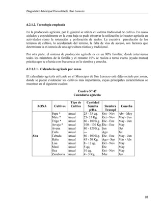 Diagnóstico Municipal Consolidado, San Lorenzo




d.2.1.2. Tecnología empleada

En la producción agrícola, por lo general se utiliza el sistema tradicional de cultivo. En casos
aislados y especialmente en la zona baja se pudo observar la utilización del tractor agrícola en
actividades como la roturación y perforación de suelos. La excesiva parcelación de los
terrenos de cultivo, lo accidentado del terreno, la falta de vías de acceso, son factores que
determinan la existencia de una agricultura rústica y tradicional.

Por otra parte, el sistema de producción agrícola es en un 90% familiar, donde intervienen
todos los miembros de la familia y el restante 10% se realiza a torna vuelta (ayuda mutua)
práctica que se efectúa con frecuencia en la siembra y cosecha.

d.2.1.2.1. Calendario agrícola por zonas

El calendario agrícola utilizado en el Municipio de San Lorenzo está diferenciado por zonas,
donde se puede evidenciar los cultivos más importantes, cuyas principales características se
muestran en el siguiente cuadro:

                                       Cuadro Nº 47
                                     Calendario agrícola

                                   Tipo de      Cantidad
        ZONA          Cultivos     Cultivo       Semilla    Siembra       Cosecha
                                                  p/Ha.      Transpl
                    Papa *       Anual       25 - 35 qq. Oct - Nov      Abr - May
                    Maíz *       Anual       25- 35 Kg. Oct - Nov       May - Jun
                    Trigo *      Anual       60 - 100 Kg. Dic - Ene     May - Jun
                    Arveja *     Anual       100 - 130 Kg. Dic - Ene    May
                    Avena        Anual       80 - 120 Kg. Jun           Oct
                    Caña         Anual       ---           Ago          Jul
    Alta            Cebada       Anual       60 - 100 Kg. Dic - Ene     May - Jun
                    Haba         Anual       45 - 50 Kg. Ago - Sep      Mar - Abr
                    Lisa         Anual       8 - 12 qq.    Oct - Nov    May
                    Mani         Anual       5 qq.         Dic          May
                    Oca          Anual       10 qq.        Oct - Nov    May
                    Zanahoria    Anual       4 - 5 Kg.     Mar          Jun




                                                                                             88
 