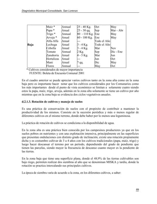 Diagnóstico Municipal Consolidado, San Lorenzo




                   Maíz *      Annual      25 - 40 Kg.       Oct         May
                   Papa *      Anual       25 - 30 qq.       Sep         Mar - Abr
                   Trigo *     Annual      80 - 110 Kg.      Ene         May
                   Arveja *    Anual       60 - 100 Kg.      Ene         May
                   Alfa-Alfa Anual         ---               Todo el Año
    Baja           Lechuga     Anual       3 - 4 Kg.         Todo el Año
                   Cebolla     Anual       3 - 4 Kg.         Mar         Nov
                   Tomate      Annual      2 Kg.             Sep         Dic - Ene
                   Zanahoria Anual         4 - 5 Kg.         Mar         Jun
                   Hortalizas Anual        ---               Jun         Oct
                   Mani        Anual       7 qq.             Dic         May
                   Flores      Annual      ---               May         Oct
   * Cultivos considerados de mayor importancia
     FUENTE: Boleta de Encuesta Comunal 2001

En el cuadro anterior se puede apreciar varios cultivos tanto en la zona alta como en la zona
baja pero es importante hacer notar que los cultivos considerados por los Comunarios como
los más importantes desde el punto de vista económico se limitan a solamente cuatro siendo
estos la papa, maíz, trigo, arveja, además en la zona alta solamente se tiene un cultivo por año
mientras que en la zona baja se evidencia dos ciclos vegetativos anuales.

d.2.1.3. Rotación de cultivos y manejo de suelos

Es una práctica de conservación de suelos con el propósito de contribuir a mantener la
productividad de los mismos. Consiste en la sucesión periódica y más o menos regular de
diferentes cultivos en el mismo terreno, donde debe haber por lo menos una leguminosa.

La práctica de rotación de cultivos se condiciona a la disponibilidad de agua.

En la zona alta es una práctica bien conocida por los campesinos productores ya que en los
suelos pobres en nutrientes y con una explotación intensiva, principalmente en las superficies
que presentan ondulaciones con distinto grado de inclinación, existe una rotación propiamente
dicha y es costumbre cultivar de 3 a 4 años con los cultivos tradicionales (papa, maíz, trigo) y
luego hacer descansar el terreno por un período, dependiendo del grado de pendiente que
tienen las parcelas, siendo mayor la frecuencia de descanso cuanto mayor es la pendiente de
las tierras.

En la zona baja que tiene una superficie plana, donde el 48,9% de las tierras cultivables son
bajo riego, permiten realizar dos siembras al año que se denominan MISKA y tardía, donde la
rotación se practica intercalando sus principales cultivos.

La época de siembra varía de acuerdo a la zona, en los diferentes cultivos, a saber:




                                                                                             89
 