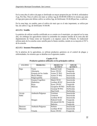 Diagnóstico Municipal Consolidado, San Lorenzo




En la zona alta el cultivo de papa es fertilizado en mayor proporción por 18-46-0, utilizándose
4 qq. Por Has. Para el cultivo de maíz se utiliza 1qq de 60-00-00 (UREA) lo mismo que para
el trigo pero para este último cultivo se utiliza 2qq. de fertilizante 18-46-00 por has. a cultivar.

En la zona baja, en cambio, para el cultivo de maíz que es el más importante, se utiliza por
has. de cultivo 3 qq. de fertilizante 18-46-00.

d.2.1.5.2. Semilla

La práctica de utilizar semilla certificada no es común en el municipio, en especial en la zona
alta, sin embargo los agricultores tienen la costumbre de comprar semilla de la zona alta del
departamento de Tarija como ser Iscayachi y en algunos casos de Villazón. Es tradicional
utilizar parte de la cosecha como semilla para la futura siembra, siendo en su mayoría el 50 %
de la cosecha.

d.2.1.5.3. Insumos Fitosanitarios

En la práctica de la agricultura, se utilizan productos químicos en el control de plagas y
enfermedades, los mismos que se detallan en el siguiente cuadro:

                                       Cuadro Nº 51
                   Productos químicos utilizados en los principales cultivos

       CULTIVO              PROBLEMA                PRODUCTO              TIPO DE
                                                     QUIMICO              QUIMICO
    Papa             Tizón                       Ridomil Gold         Fungicida
                     Alternaria                  Score 250 EC         Fungicida
                     Gorgojo de los Andes        Actara 25 WG         Insecticida
                     Mosca Blanca                Actara 25 WG         Insecticida
                     Pulgon-polilla              Curacron             Insecticida
    Maíz             Gusano Cogollero            Match 50 EC          Insecticida
                     Diabrótica                  Lorsban 48 EC        Insecticida
                     Roya                        Score 250 EC         Fungicida
                     Malezas                     Gesaprim 90 WG       Herbicidas
                                                 Gesatop 90 WG        Herbicidas
                                                 Dual Gold            Herbicidas
    Arveja           Arañuela-Pulgones           Vertimec             Insecticida
    Haba                                         Curacron             Insecticida
                                                 Lorsban 48 EC        Insecticida
                     Hongos                      Ridomil Gold         Fungicida
                                                 Dividend 030 FS      Fungicida
                                                 Babistin             Fungicida
    Durazno          Arañuela-Pulgones           Politrin             Insecticida
    Manzano                                      Lorsban 48 EC        Insecticida
                     Viruela                     Score 250 EC         Fungicida


                                                                                                 94
 