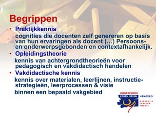 Begrippen Praktijkkennis cognities die docenten zelf genereren op basis van hun ervaringen als docent (…) Persoons- en onderwerpsgebonden en contextafhankelijk. Opleidingstheorie kennis van achtergrondtheorieën voor pedagogisch en vakdidactisch handelen Vakdidactische kennis kennis over materialen, leerlijnen, instructie- strategieën, leerprocessen & visie binnen een bepaald vakgebied  
