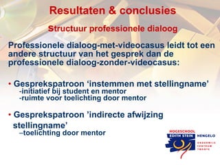 Resultaten & c onclusies s tructuur professionele dialoog Professionele dialoog-met-videocasus leidt tot een andere structuur van het gesprek dan de professionele dialoog-zonder-videocasus: Gesprekspatroon ‘instemmen met stellingname’  initiatief bij student en mentor ruimte voor toelichting door mentor Gesprekspatroon ’indirecte afwijzing  stellingname’ toelichting door mentor  