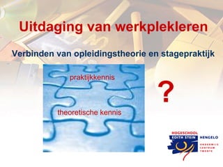 Uitdaging van werkplekleren Verbinden van opleidingstheorie en stagepraktijk praktijkkennis theoretische kennis ? 
