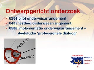 Ontwerpgericht onderzoek 0304 pilot onderwijsarrangement 0405 testbed onderwijsarrangement 0506 implementatie onderwijsarrangement +  deelstudie ‘professionele dialoog’ 