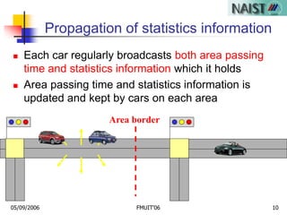05/09/2006 FMUIT'06 10
Propagation of statistics information
 Each car regularly broadcasts both area passing
time and statistics information which it holds
 Area passing time and statistics information is
updated and kept by cars on each area
Area border
 