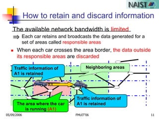 05/09/2006 FMUIT'06 11
 When each car crosses the area border, the data outside
its responsible areas are discarded
Neighboring areas
The area where the car
is running (A1)
Traffic information of
A1 is retained
Traffic information of
A1 is retained
How to retain and discard information
⇒ Each car retains and broadcasts the data generated for a
set of areas called responsible areas
The available network bandwidth is limited
 