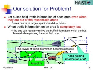 05/09/2006 FMUIT'06 19
The revival of traffic information becomes possible
Our solution for Problem1
Area(A1)
Keep holding
information of A1
 Let buses hold traffic information of each area even when
they are out of the responsible areas
- Buses can have large capacity hard disk drives
 When traffic information on an area is completely lost
⇒the bus can regularly revive the traffic information which the bus
obtained when passing the area last time
 