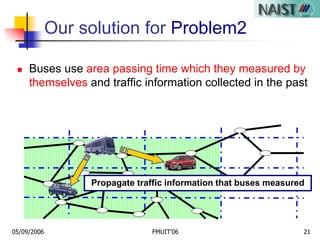 05/09/2006 FMUIT'06 21
Our solution for Problem2
 Buses use area passing time which they measured by
themselves and traffic information collected in the past
Propagate traffic information that buses measured
 