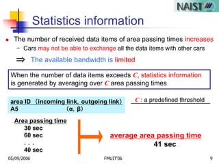 05/09/2006 FMUIT'06 9
Statistics information
area ID （incoming link，outgoing link）
A5 （α，β）
Area passing time
30 sec
60 sec
．．．
40 sec
average area passing time
41 sec
The available bandwidth is limited⇒
 The number of received data items of area passing times increases
- Cars may not be able to exchange all the data items with other cars
When the number of data items exceeds C, statistics information
is generated by averaging over C area passing times
C : a predefined threshold
 