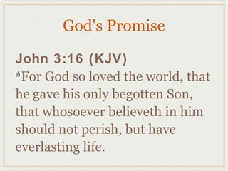 God's Promise

John 3:16 (KJV)
16
   For God so loved the world, that
he gave his only begotten Son,
that whosoever believeth in him
should not perish, but have
everlasting life.
 