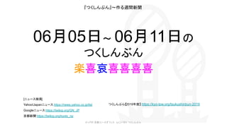 06月05日〜 06月11日の
つくしんぶん
[ニュース検索]
Yahoo!Japanニュース https://news.yahoo.co.jp/list
Googleニュース https://twilog.org/GN_JP
京都新聞 https://twilog.org/kyoto_np
© LPW 京都ユースオフィス ふじいゼミ つくしんぶん
『つくしんぶん』〜作る週間新聞
楽喜哀喜喜喜喜
つくしんぶん【2019年度】 https://kyo-lpw.org/tsukushinbun-2019
 