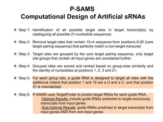 P-SAMS
Computational Design of Artificial sRNAs
 Step 1: Identification of all possible target sites in target transcript(s) by
cataloguing all possible 21-nucleotide sequences
 Step 2: Remove target sites that contain 15-nt sequence form positions 6-20 (core
target pairing sequence) that perfectly match a non-target transcript
 Step 3: Target sites are grouped by the core target pairing sequence, only target
site groups that contain all input genes are considered further.
 Step 4: Grouped sites are scored and ranked based on group-wise similarity and
the identity of nucleotides at positions 1, 2, 3 and 21.
 Step 5: For each group site, a guide RNA is designed to target all sites with the
additional criteria that position 1 and 19 are a U and a C, and that position
21 is mismatched
 Step 6: P-SAMS uses TargetFinder to predict target RNAs for each guide RNA.
-Optimal Results: include guide RNAs predicted to target exclusively
transcripts from input genes
-Sub-Optimal Results: guide RNAs predicted to target transcripts from
input genes AND from non-input genes
 