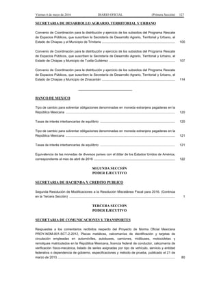 Viernes 6 de mayo de 2016 DIARIO OFICIAL (Primera Sección) 127
SECRETARIA DE DESARROLLO AGRARIO, TERRITORIAL Y URBANO
Convenio de Coordinación para la distribución y ejercicio de los subsidios del Programa Rescate
de Espacios Públicos, que suscriben la Secretaría de Desarrollo Agrario, Territorial y Urbano, el
Estado de Chiapas y el Municipio de Trinitaria ................................................................................. 100
Convenio de Coordinación para la distribución y ejercicio de los subsidios del Programa Rescate
de Espacios Públicos, que suscriben la Secretaría de Desarrollo Agrario, Territorial y Urbano, el
Estado de Chiapas y Municipio de Tuxtla Gutiérrez ......................................................................... 107
Convenio de Coordinación para la distribución y ejercicio de los subsidios del Programa Rescate
de Espacios Públicos, que suscriben la Secretaría de Desarrollo Agrario, Territorial y Urbano, el
Estado de Chiapas y Municipio de Zinacantán ................................................................................. 114
______________________________
BANCO DE MEXICO
Tipo de cambio para solventar obligaciones denominadas en moneda extranjera pagaderas en la
República Mexicana ......................................................................................................................... 120
Tasas de interés interbancarias de equilibrio ................................................................................... 120
Tipo de cambio para solventar obligaciones denominadas en moneda extranjera pagaderas en la
República Mexicana ......................................................................................................................... 121
Tasas de interés interbancarias de equilibrio ................................................................................... 121
Equivalencia de las monedas de diversos países con el dólar de los Estados Unidos de América,
correspondiente al mes de abril de 2016 .......................................................................................... 122
SEGUNDA SECCION
PODER EJECUTIVO
SECRETARIA DE HACIENDA Y CREDITO PUBLICO
Segunda Resolución de Modificaciones a la Resolución Miscelánea Fiscal para 2016. (Continúa
en la Tercera Sección) ..................................................................................................................... 1
TERCERA SECCION
PODER EJECUTIVO
SECRETARIA DE COMUNICACIONES Y TRANSPORTES
Respuestas a los comentarios recibidos respecto del Proyecto de Norma Oficial Mexicana
PROY-NOM-001-SCT-2-2012, Placas metálicas, calcomanías de identificación y tarjetas de
circulación empleadas en automóviles, autobuses, camiones, midibuses, motocicletas y
remolques matriculados en la República Mexicana, licencia federal de conductor, calcomanía de
verificación físico-mecánica, listado de series asignadas por tipo de vehículo, servicio y entidad
federativa o dependencia de gobierno, especificaciones y método de prueba, publicado el 21 de
marzo de 2013 .................................................................................................................................. 80
 