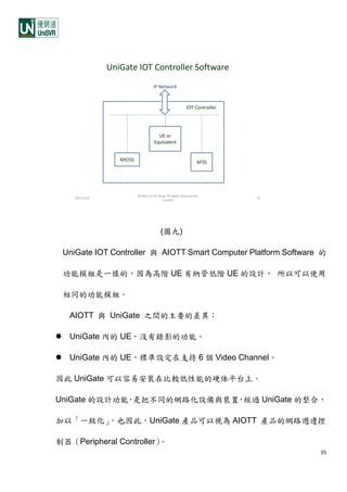 35
(圖九)
UniGate IOT Controller 與 AIOTT Smart Computer Platform Software 的
功能模組是一樣的，因為高階 UE 有納管低階 UE 的設計， 所以可以使用
相同的功能模組。
AIOTT 與 UniGate 之間的主要的差異：
 UniGate 內的 UE，沒有錄影的功能。
 UniGate 內的 UE，標準設定在支持 6 個 Video Channel。
因此 UniGate 可以容易安裝在比較低性能的硬体平台上。
UniGate 的設計功能，是把不同的網路化設備與裝置，經過 UniGate 的整合，
加以「一致化」，也因此，UniGate 產品可以視為 AIOTT 產品的網路週邊控
制器（Peripheral Controller）。
UniGate IOT Controller Software
2017/5/27
Written by DY Yang, All Rights Reserved by
UniSVR
16
UE or
Equivalent
MIOSS AFSS
IOT Controller
IP Network
 