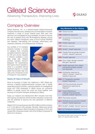Company Overview
Gilead Sciences, Inc. is a research-based biopharmaceutical
company that discovers, develops and commercialises innovative
medicines in areas of unmet medical need. With each new
discovery and investigational drug candidate, we seek to improve
the care of patients living with life-threatening diseases around
the world. Gilead’s therapeutic areas of focus include HIV/AIDS,
liver diseases, haematology and oncology, inflammatory and
respiratory diseases, and cardiovascular conditions.
Our portfolio of 19 marketed
products includes a number
of category firsts, including
complete treatment regimens
for HIV and chronic hepatitis
C infection available in once-
daily single pills. Gilead’s
portfolio includes Harvoni®
(ledipasvir 90 mg/sofosbuvir
400 mg) for chronic hepatitis C,
which is a complete antiviral
treatment regimen in a single
tablet that provides high cure
rates and a shortened course
of therapy for many patients.
Nearly 30 Years of Growth
Since its founding in Foster City, California in 1987, Gilead has
become a leading biopharmaceutical company with a rapidly
expanding product portfolio, a growing pipeline of investigational
drugs and 7,500 employees in offices across six continents.
Millions of people around the world are living healthier lives
because of innovative therapies developed by Gilead.
Today, our research and development effort includes more than
400 ongoing and planned clinical studies evaluating compounds
with the potential to become the next generation of effective
medicines.
Gilead’s 2014 annual revenues were $24.9 billion and the company
is #1 in the Barron’s 500 rankings. Recently, Gilead was named
one of Fast Company’s Most Innovative Companies of 2015 and
ranked #36 in Business Insider’s list of the 50 Best Companies To
Work For In America.
Gilead Sciences
Advancing Therapeutics. Improving Lives.
Last updated August 2015 www.gilead.com
Sovaldi®
, Gilead’s first once-daily
pill for treatment of hepatitis C.Harvoni, Gilead’s once-daily single
tablet HCV regimen.
Drug approval dates shown here are EU approval
dates; U.S. approval dates may differ.
Key Moments in Our History
1987
1990
1991
1997
1999
2002
2003
2005
2006
2007
2008
2009
2010
2011
2012
2013
2014
2015
Gilead founded
AmBisome®
approved
Nucleotides in-licensed from
IOCB/Rega
Vistide®
approved
NeXstar acquired
Tamiflu®
, Viread®
approved
Triangle Pharmaceuticals acquired;
Emtriva®
, Hepsera®
approved
Truvada®
approved
Corus, Raylo, Myogen acquired;
Macugen®
approved
Atripla®
approved; Cork, Ireland,
manufacturing facility acquired
from Nycomed
Ambrisentan approved as
Volibris®
; Ranexa®
, Viread®
for
hepatitis B approved
CV Therapeutics acquired;
Cayston®
approved
CGI Pharmaceuticals acquired;
Regadenoson approved as
Rapiscan®
Arresto BioSciences,
Calistoga Pharmaceuticals
acquired; Eviplera®
approved
Pharmasset acquired
YM BioSciences acquired; Stribild®
,
Tybost®
, Vitekta®
approved
Sovaldi®
, Zydelig®
, Harvoni®
approved
EpiTherapeutics acquired
 