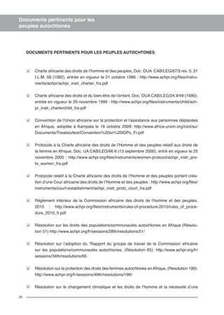 20 
Documents pertinents pour les 
peuples autochtones 
DOCUMENTS PERTINENTS POUR LES PEUPLES AUTOCHTONES 
Charte africaine des droits de l’homme et des peuples, Doc. OUA CAB/LEG/67/3 rev. 5, 21 
I.L.M. 58 (1982), entrée en vigueur le 21 octobre 1986 : http://www.achpr.org/files/instru-ments/ 
achpr/achpr_instr_charter_fra.pdf 
Charte africaine des droits et du bien-être de l’enfant, Doc. OUA CAB/LEG/24.9/49 (1990), 
entrée en vigueur le 29 novembre 1999 : http://www.achpr.org/files/instruments/child/ach-pr_ 
instr_charterchild_fra.pdf 
Convention de l’Union africaine sur la protection et l’assistance aux personnes déplacées 
en Afrique, adoptée à Kampala le 16 octobre 2009: http://www.africa-union.org/root/au/ 
Documents/Treaties/text/Convention%20on%20IDPs_Fr.pdf 
Protocole à la Charte africaine des droits de l’Homme et des peuples relatif aux droits de 
la femme en Afrique, Doc. UA CAB/LEG/66.6 (13 septembre 2000), entré en vigueur le 25 
novembre 2005 : http://www.achpr.org/files/instruments/women-protocol/achpr_instr_pro-to_ 
women_fra.pdf 
Protocole relatif à la Charte africaine des droits de l’Homme et des peuples portant créa-tion 
d’une Cour africaine des droits de l’Homme et des peuples : http://www.achpr.org/files/ 
instruments/court-establishment/achpr_instr_proto_court_fra.pdf 
Règlement intérieur de la Commission africaine des droits de l’homme et des peuples, 
2010 : http://www.achpr.org/files/instruments/rules-of-procedure-2010/rules_of_proce-dure_ 
2010_fr.pdf 
Résolution sur les droits des populations/communautés autochtones en Afrique (Résolu-tion 
51) http://www.achpr.org/fr/sessions/28th/resolutions/51/ 
Résolution sur l’adoption du “Rapport du groupe de travail de la Commission africaine 
sur les populations/communautés autochtones, (Résolution 65): http://www.achpr.org/fr/ 
sessions/34th/resolutions/65 
Résolution sur la protection des droits des femmes autochtones en Afrique, (Resolution 190): 
http://www.achpr.org/fr/sessions/49th/resolutions/190/ 
Résolution sur le changement climatique et les droits de l’homme et la nécessité d’une 
 
