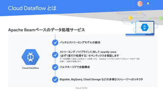 Cloud OnAir
Cloud Dataflow とは
Apache Beamベースのデータ処理サービス
Cloud Dataflow
バッチとストリーミングモデルの統合
ストリーミング パイプラインに対して exactly-once
（必ず1度だけ処理する） セマンティクスを保証します
データを重複して送ることがあるソースを使っても、 Dataﬂow パイプラインはすべてのユニークなデータを
正確に 1 回必ず処理します。
フルマネージドで自動構成
Bigtable, BigQuery, Cloud Storage などの多様なストレージへのコネクタ
 