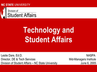 Student Affairs
Division of
Technology and
Student Affairs
NASPA
Mid-Managers Institute
June 6, 2005
Leslie Dare, Ed.D.
Director, DE & Tech Services
Division of Student Affairs – NC State University
 