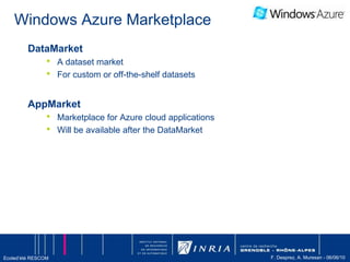 VirtualisationMachines virtuelles s’exécutant sur un nœud de calculVM0VM1VM2N0Proposé par IBM dans les années 60“Virtual Machines have finallyarrived. Dismissed for a number of years as merelyacademiccuriosities, they are nowseen as cost-effective techniques for organizing computer systemsresources to provideextraordinary system flexibility and support for certain unique applications”.Goldberg, Survey of Virtual Machine Research, 1974Nœud de calculCrédits: T. Priol, INRIA
