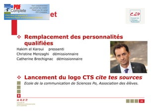 En projet

v Remplacement des personnalités
  qualifiées
Hakim el Karoui pressenti
Christine Menzaghi démissionnaire
Catherine Brechignac démissionnaire




v Lancement du logo CTS cite tes sources
    Ecole de la communication de Sciences Po, Association des élèves.




                                                                        25
 