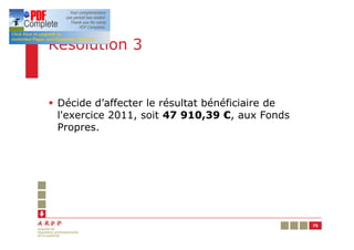 Résolution 3


§ Décide d’affecter le résultat bénéficiaire de
  l'exercice 2011, soit 47 910,39 €, aux Fonds
  Propres.




                                                  75
 