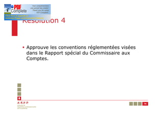 Résolution 4


§ Approuve les conventions réglementées visées
  dans le Rapport spécial du Commissaire aux
  Comptes.




                                                 76
 