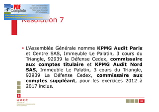 Résolution 7



§ L’Assemblée Générale nomme KPMG Audit Paris
  et Centre SAS, Immeuble Le Palatin, 3 cours du
  Triangle, 92939 la Défense Cedex, commissaire
  aux comptes titulaire et KPMG Audit Nord
  SAS, Immeuble Le Palatin, 3 cours du Triangle,
  92939 La Défense Cedex, commissaire aux
  comptes suppléant, pour les exercices 2012 à
  2017 inclus.


                                               80
 
