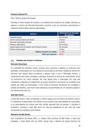 Passeio Cultural II:

 Foco: família, grupos de amigos.

 Conheça o maior templo do mundo e os mistérios dos mosteiros da cidade. Desfrute os
 sabores e cheiros do Mercado Municipal e termine o dia em harmonia vislumbrando a
 cidade do edifício Altino Arantes (Banespão).


                                                              Estimativa de duração
                          Roteiro
                                                                   do passeio
Catedral da Sé                                               30 minutos
Centro Cultural Banco do Brasil                              2 horas
Mercado Municipal (almoço)                                   2 horas
Mosteiro São Bento                                           30 minutos
Igreja Nossa Sra do Rosário dos Homens Pretos                30 minutos
Prédio do Banespão                                           1 hora
                                  Melhor Horário de Saída:   11:00h
                                         Valor por pessoa:   59,00


 2.7.1   Detalhe dos Pontos Turísticos:

 Mercado Municipal

 É a profusão dos sentidos. Cores, aromas, sons, texturas e sabores se misturam com
 perfeição, ambientados em uma belíssima construção da primeira metade do século XX.
 Caminhe sem pressa pelos corredores e aprecie tudo o que o Mercadão oferece: o
 multicolorido das frutas, pimentas e petiscos, Encontre as bancas de condimentos, entre
 no burburinho de vários idiomas, dê uma pausa para o bate-papo em uma das
 mercearias e deguste uns pedacinhos de queijo. Pergunte o que quiser ao vendedor, que
 poderá dar todas as informações. E tem ainda os famosos sanduíches de mortadela e
 pastéis de bacalhau, que ficam mais saborosos acompanhados de um chopinho gelado e
 um atendimento nota 10.

 Sala São Paulo

 A Sala São Paulo é hoje considerada o melhor espaço para concertos da América Latina.
 E é belíssima. O observador mais atento irá se encantar com cada detalhe da construção,
 e os apreciadores da música que têm ouvido apurado irão ao paraíso: a acústica é
 impecável. Conheça a Sala São Paulo em dias de espetáculo ou por meio de visita
 monitorada ao Complexo Júlio Prestes.

 Mosteiro de São Bento

 Com arquitetura do século XVII e o relógio mais precioso de São Paulo, o local que
 hospedou o Papa Bento XVI em 2007, abriga hoje a Basílica de Nossa Senhora da

                                                                                     10
 