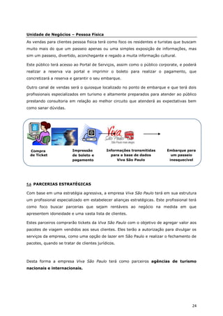 Unidade de Negócios – Pessoa Física
As vendas para clientes pessoa fisica terá como foco os residentes e turistas que buscam
muito mais do que um passeio apenas ou uma simples exposição de informações, mas
sim um passeio, divertido, aconchegante e regado a muita informação cultural.

Este público terá acesso ao Portal de Serviços, assim como o público corporate, e poderá
realizar a reserva via portal e imprimir o boleto para realizar o pagamento, que
concretizará a reserva e garantir o seu embarque.

Outro canal de vendas será o quiosque localizado no ponto de embarque e que terá dois
profissionais especializados em turismo e altamente preparados para atender ao público
prestando consultoria em relação ao melhor circuito que atenderá as expectativas bem
como sanar dúvidas.




 Compra                 Impressão          Informações transmitidas       Embarque para
 de Ticket              de boleto e          para a base de dados           um passeio
                        pagamento               Viva São Paulo             inesquecível




5.6 PARCERIAS ESTRATÉGICAS

Com base em uma estratégia agressiva, a empresa Viva São Paulo terá em sua estrutura
um profissional especializado em estabelecer alianças estratégicas. Este profissional terá
como foco buscar parcerias que sejam rentáveis ao negócio na medida em que
apresentem idoneidade e uma vasta lista de clientes.

Estes parceiros comprarão tickets da Viva São Paulo com o objetivo de agregar valor aos
pacotes de viagem vendidos aos seus clientes. Eles terão a autorização para divulgar os
serviços da empresa, como uma opção de lazer em São Paulo e realizar o fechamento de
pacotes, quando se tratar de clientes jurídicos.



Desta forma a empresa Viva São Paulo terá como parceiros agências de turismo
nacionais e internacionais.




                                                                                       24
 