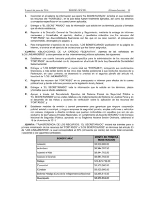 Lunes 6 de junio de 2016 DIARIO OFICIAL (Primera Sección) 19
I. Incorporar en el sistema de información que opere “EL SECRETARIADO”, la fecha en que recibieron
los recursos del “FORTASEG”, en la que éstos fueron finalmente ejercidos, así como los destinos
y conceptos específicos en los cuales fueron aplicados;
J. Entregar a “EL SECRETARIADO” toda la información que solicite en los términos, plazos y formatos
que al efecto establezca;
K. Reportar a la Dirección General de Vinculación y Seguimiento, mediante la entrega de informes
mensuales y trimestrales, el ejercicio, destino y resultados obtenidos con los recursos del
“FORTASEG”; las disponibilidades financieras con las que en su caso cuenten, el presupuesto
comprometido, devengado y/o pagado, y
L. Para transparentar el ejercicio de los recursos, “LOS BENEFICIARIOS” publicarán en su página de
Internet, el avance en el ejercicio de los recursos que les fueron asignados.
CUARTA.- OBLIGACIONES DE “LA ENTIDAD FEDERATIVA”. Además de las señaladas en
“LOS LINEAMIENTOS” y otras previstas en los ordenamientos jurídicos aplicables, las siguientes:
A. Establecer una cuenta bancaria productiva específica para la administración de los recursos del
“FORTASEG”, de conformidad con lo dispuesto en el artículo 69 de la Ley General de Contabilidad
Gubernamental;
B. Entregar a “LOS BENEFICIARIOS” el monto total del “FORTASEG”, incluyendo sus rendimientos
financieros, a más tardar dentro de los cinco días hábiles posteriores a que reciba los recursos de la
Federación; en caso contrario, se observará lo previsto en el segundo párrafo del artículo 48,
fracción I de “LOS LINEAMIENTOS”;
C. Registrar los recursos del “FORTASEG” en su presupuesto e informar para efectos de la cuenta
pública local y demás informes previstos en la legislación local y federal;
D. Entregar a “EL SECRETARIADO” toda la información que le solicite en los términos, plazos
y formatos que al efecto establezca;
E. Apoyar a través del Secretariado Ejecutivo del Sistema Estatal de Seguridad Pública a
“EL SECRETARIADO” en las visitas relativas a la implementación del Sistema de Justicia Penal y en
el desarrollo de las visitas y acciones de verificación sobre la aplicación de los recursos del
“FORTASEG”, y
F. Establecer medidas de revisión y control permanente para garantizar que ninguna corporación
policial, estatal o municipal, y ninguna empresa de seguridad privada, emplee uniformes o vehículos
con colores, imágenes o diseños similares que puedan confundirse con aquellos que son de uso
exclusivo de las Fuerzas Armadas Nacionales, en cumplimiento al Acuerdo 09/XXXIX/15 del Consejo
Nacional de Seguridad Pública, aprobado en su Trigésima Novena Sesión Ordinaria, celebrada el
18 de diciembre de 2015.
QUINTA.- TRANSFERENCIA DE LOS RECURSOS. “EL SECRETARIADO” iniciará los trámites para la
primera ministración de los recursos del “FORTASEG” a “LOS BENEFICIARIOS” en términos del artículo 23
de “LOS LINEAMIENTOS”, la cual corresponderá al 50% (cincuenta por ciento) del monto total convenido,
y asciende a las siguientes cantidades:
BENEFICIARIO
MONTO DE PRIMERA
MINISTRACIÓN
Abasolo $5,500,000.00
Acámbaro $6,944,762.50
Apaseo el Alto $6,944,762.50
Apaseo el Grande $6,944,762.50
Celaya $10,475,734.00
Comonfort $5,500,000.00
Cortázar $5,500,000.00
Dolores Hidalgo Cuna de la Independencia Nacional $5,865,516.50
Guanajuato $8,310,653.00
 