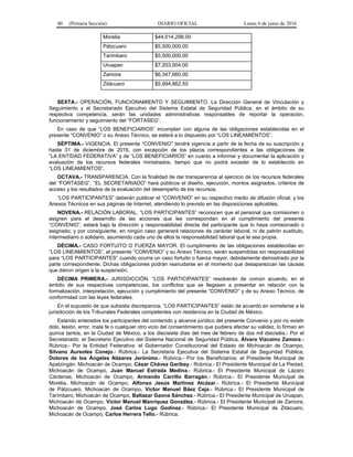 40 (Primera Sección) DIARIO OFICIAL Lunes 6 de junio de 2016
Morelia $44,014,298.00
Pátzcuaro $5,500,000.00
Tarímbaro $5,500,000.00
Uruapan $7,203,004.00
Zamora $6,347,660.00
Zitácuaro $5,994,862.50
SEXTA.- OPERACIÓN, FUNCIONAMIENTO Y SEGUIMIENTO. La Dirección General de Vinculación y
Seguimiento y el Secretariado Ejecutivo del Sistema Estatal de Seguridad Pública, en el ámbito de su
respectiva competencia, serán las unidades administrativas responsables de reportar la operación,
funcionamiento y seguimiento del “FORTASEG”.
En caso de que “LOS BENEFICIARIOS” incumplan con alguna de las obligaciones establecidas en el
presente “CONVENIO” o su Anexo Técnico, se estará a lo dispuesto por “LOS LINEAMIENTOS”.
SÉPTIMA.- VIGENCIA. El presente “CONVENIO” tendrá vigencia a partir de la fecha de su suscripción y
hasta 31 de diciembre de 2016, con excepción de los plazos correspondientes a las obligaciones de
“LA ENTIDAD FEDERATIVA” y de “LOS BENEFICIARIOS” en cuanto a informar y documentar la aplicación y
evaluación de los recursos federales ministrados, tiempo que no podrá exceder de lo establecido en
“LOS LINEAMIENTOS”.
OCTAVA.- TRANSPARENCIA. Con la finalidad de dar transparencia al ejercicio de los recursos federales
del “FORTASEG”, “EL SECRETARIADO” hará públicos el diseño, ejecución, montos asignados, criterios de
acceso y los resultados de la evaluación del desempeño de los recursos.
“LOS PARTICIPANTES” deberán publicar el “CONVENIO” en su respectivo medio de difusión oficial, y los
Anexos Técnicos en sus páginas de Internet, atendiendo lo previsto en las disposiciones aplicables.
NOVENA.- RELACIÓN LABORAL. “LOS PARTICIPANTES” reconocen que el personal que comisionen o
asignen para el desarrollo de las acciones que les correspondan en el cumplimiento del presente
“CONVENIO”, estará bajo la dirección y responsabilidad directa del participante que lo haya comisionado o
asignado; y por consiguiente, en ningún caso generará relaciones de carácter laboral, ni de patrón sustituto,
intermediario o solidario, asumiendo cada uno de ellos la responsabilidad laboral que le sea propia.
DÉCIMA.- CASO FORTUITO O FUERZA MAYOR. El cumplimiento de las obligaciones establecidas en
“LOS LINEAMIENTOS”, el presente “CONVENIO” y su Anexo Técnico, serán suspendidas sin responsabilidad
para “LOS PARTICIPANTES” cuando ocurra un caso fortuito o fuerza mayor, debidamente demostrado por la
parte correspondiente. Dichas obligaciones podrán reanudarse en el momento que desaparezcan las causas
que dieron origen a la suspensión.
DÉCIMA PRIMERA.- JURISDICCIÓN. “LOS PARTICIPANTES” resolverán de común acuerdo, en el
ámbito de sus respectivas competencias, los conflictos que se llegasen a presentar en relación con la
formalización, interpretación, ejecución y cumplimiento del presente “CONVENIO” y de su Anexo Técnico, de
conformidad con las leyes federales.
En el supuesto de que subsista discrepancia, “LOS PARTICIPANTES” están de acuerdo en someterse a la
jurisdicción de los Tribunales Federales competentes con residencia en la Ciudad de México.
Estando enterados los participantes del contenido y alcance jurídico del presente Convenio y por no existir
dolo, lesión, error, mala fe o cualquier otro vicio del consentimiento que pudiera afectar su validez, lo firman en
quince tantos, en la Ciudad de México, a los diecisiete días del mes de febrero de dos mil dieciséis.- Por el
Secretariado: el Secretario Ejecutivo del Sistema Nacional de Seguridad Pública, Álvaro Vizcaíno Zamora.-
Rúbrica.- Por la Entidad Federativa: el Gobernador Constitucional del Estado de Michoacán de Ocampo,
Silvano Aureoles Conejo.- Rúbrica.- La Secretaria Ejecutiva del Sistema Estatal de Seguridad Pública,
Dolores de los Ángeles Názares Jerónimo.- Rúbrica.- Por los Beneficiarios: el Presidente Municipal de
Apatzingán, Michoacán de Ocampo, César Chávez Garibay.- Rúbrica.- El Presidente Municipal de La Piedad,
Michoacán de Ocampo, Juan Manuel Estrada Medina.- Rúbrica.- El Presidente Municipal de Lázaro
Cárdenas, Michoacán de Ocampo, Armando Carrillo Barragán.- Rúbrica.- El Presidente Municipal de
Morelia, Michoacán de Ocampo, Alfonso Jesús Martínez Alcázar.- Rúbrica.- El Presidente Municipal
de Pátzcuaro, Michoacán de Ocampo, Víctor Manuel Báez Ceja.- Rúbrica.- El Presidente Municipal de
Tarímbaro, Michoacán de Ocampo, Baltazar Gaona Sánchez.- Rúbrica.- El Presidente Municipal de Uruapan,
Michoacán de Ocampo, Víctor Manuel Manríquez González.- Rúbrica.- El Presidente Municipal de Zamora,
Michoacán de Ocampo, José Carlos Lugo Godínez.- Rúbrica.- El Presidente Municipal de Zitácuaro,
Michoacán de Ocampo, Carlos Herrera Tello.- Rúbrica.
 