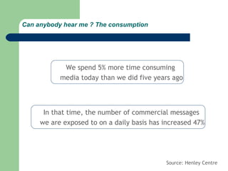 Can anybody hear me ? The consumption




            We spend 5% more time consuming
           media today than we did five years ago



      In that time, the number of commercial messages
     we are exposed to on a daily basis has increased 47%




                                            Source: Henley Centre
 