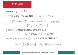 絶滅確率
2参考：確率過程と数理⽣態学 藤曲哲郎著 P. 54-59
絶滅確率
n 世代では絶滅していない確率
ここで であるから
したがって、n 世代までに絶滅している確率 qn は
であるから、連続性より
 