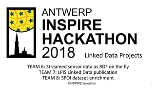 #INSPIREhackathon
TEAM 6: Streamed sensor data as RDF on the fly
TEAM 7: LPIS Linked Data publication
TEAM 8: SPOI dataset enrichment
1
Linked Data Projects
 