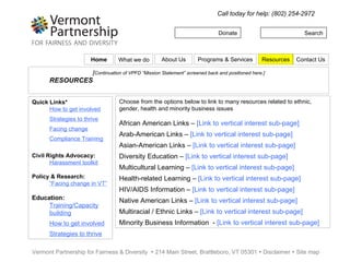 Donate Search Call today for help: (802) 254-2972 Vermont Partnership for Fairness & Diversity    214 Main Street, Brattleboro, VT 05301    Disclaimer    Site map [ Continuation of VPFD “Mission Statement” screened back and positioned here.] PROGRAMS & SERVICES Quick Links* How to get involved Strategies to thrive Facing change Compliance Training Civil Rights Advocacy: Harassment toolkit Policy & Research: “ Facing change in VT” Education: Training/Capacity building How to get involved Strategies to thrive Today, our work stretches from support for individuals affected by bias and discrimination, to resources and training in Vermont classrooms, to the Vermont statehouse. Whatever your level of interest, we invite you to join us in assuring a fairer Vermont for all, that celebrates our growing diversity. Services:  Our Civil Rights Advocacy service seeks to improve interaction and communication skills between parents and school personnel...  READ MORE - link . Educators:  Vermont Partnership for Fairness & Diversity provides Vermont residents and entities that represent or service their needs with the benefits … READ MORE - link . Community Residents:  Works with victims filing discrimination complaints in the areas of education, employment, housing, law enforce...  READ MORE - link . Business Organizations:  Sharpen institutional awareness, skills, policies, resources, , images, etc. to better serve Vermont’s diverse…  READ MORE - link . Home Programs & Services Resources Contact Us About Us What we do 