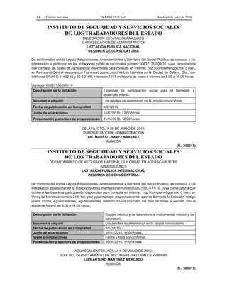 64 (Tercera Sección) DIARIO OFICIAL Martes 6 de julio de 2010
INSTITUTO DE SEGURIDAD Y SERVICIOS SOCIALES
DE LOS TRABAJADORES DEL ESTADO
DELEGACION ESTATAL GUANAJUATO
SUBDELEGACION DE ADMINISTRACION
LICITACION PUBLICA NACIONAL
RESUMEN DE CONVOCATORIA
De conformidad con la Ley de Adquisiciones, Arrendamientos y Servicios del Sector Público, se convoca a los
interesados a participar en las licitaciones públicas nacionales número 00637135-009-10, cuya convocatoria
que contiene las bases de participación disponibles para consulta en Internet: http://compranet.gob.mx, o bien,
en Ferrocarril Central esquina con Francisco Juárez, colonia Los Laureles en la Ciudad de Celaya, Gto., con
teléfonos 01 (461) 61432 43 y 60 9 2166, extensión 7017 en horario de lunes a viernes de 8:00 a 16:00 horas.
Licitación 00637135-009-10
Descripción de la licitación Estancias de participación social para el bienestar y
desarrollo infantil.
Volumen a adquirir Los detalles se determinan en la propia convocatoria.
Fecha de publicación en CompraNet 6/07/2010.
Junta de aclaraciones 14/07/2010, 12:00 horas.
Presentación y apertura de proposiciones 21/07/2010, 12:00 horas.
CELAYA, GTO., A 28 DE JUNIO DE 2010.
SUBDELEGADO DE ADMINISTRACION
LIC. MARCO CHAVEZ NARVAEZ
RUBRICA.
(R.- 309247)
INSTITUTO DE SEGURIDAD Y SERVICIOS SOCIALES
DE LOS TRABAJADORES DEL ESTADO
DEPARTAMENTO DE RECURSOS MATERIALES Y OBRAS EN AGUASCALIENTES
ADQUISICIONES
LICITACION PUBLICA INTERNACIONAL
RESUMEN DE CONVOCATORIA
De conformidad con la Ley de Adquisiciones, Arrendamientos y Servicios del Sector Público, se convoca a los
interesados a participar en la licitación pública internacional número 00637093-011-10, cuya convocatoria que
contiene las bases de participación disponibles para consulta en Internet: http://compranet.gob.mx, o bien, en
Virrey de Mendoza número 218, 1er. piso y planta baja, respectivamente, colonia Barrio de la Estación, código
postal 20259, Aguascalientes, Aguascalientes, teléfono 01449-9167561, los días de lunes a viernes, con el
siguiente horario de 9:00 a 14:00 horas.
Descripción de la licitación Equipo médico y de laboratorio e instrumental médico y de
laboratorio.
Volumen a adquirir Los detalles se determinan en la propia convocatoria.
Fecha de publicación en CompraNet 6/07/2010.
Junta de aclaraciones 16/07/2010, 11:00 horas.
Visita a instalaciones Fecha y hora por confirmar.
Presentación y apertura de proposiciones 26/07/2010, 11:00 horas.
AGUASCALIENTES, AGS., A 6 DE JULIO DE 2010.
JEFE DEL DEPARTAMENTO DE RECURSOS MATERIALES Y OBRAS
LUIS ARTURO MARTINEZ MERCADO
RUBRICA.
(R.- 309313)
 