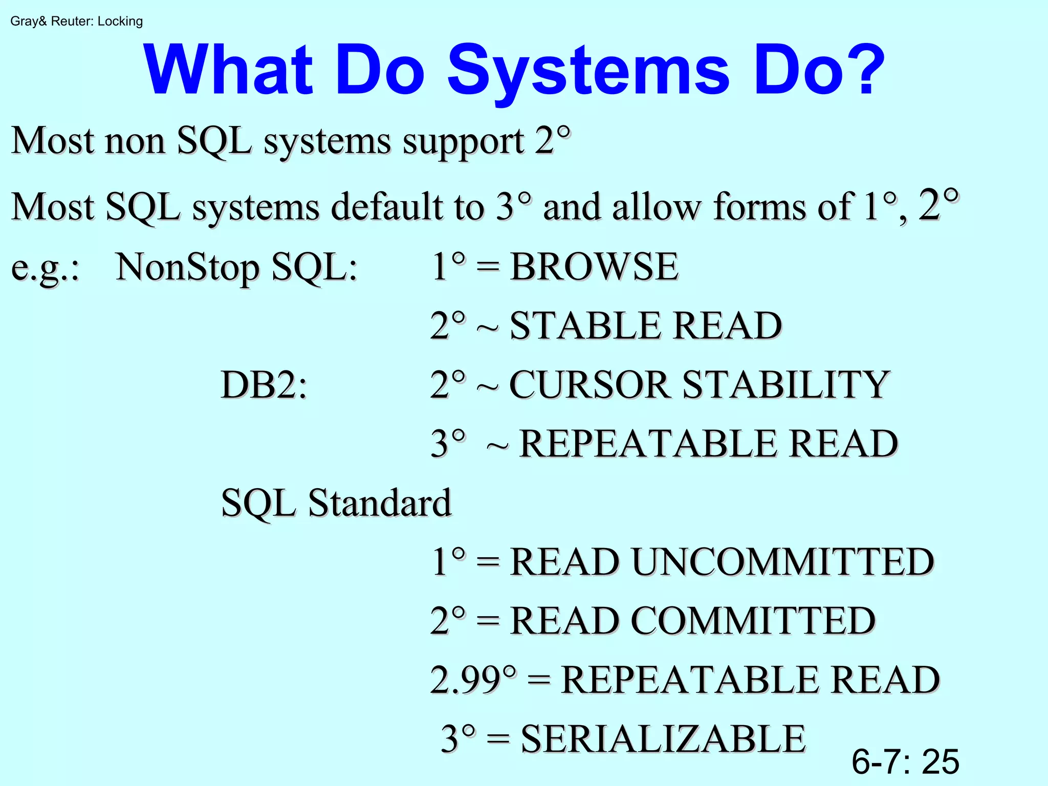 6-7: 25
Gray& Reuter: Locking
What Do Systems Do?
Most non SQL systems support 2Most non SQL systems support 2°°
Most SQL systems default to 3Most SQL systems default to 3°° and allow forms of 1and allow forms of 1°°,, 22°°
e.g.:e.g.: NonStop SQL:NonStop SQL: 11°° = BROWSE= BROWSE
22°° ~ STABLE READ~ STABLE READ
DB2:DB2: 22°° ~ CURSOR STABILITY~ CURSOR STABILITY
33°° ~ REPEATABLE READ~ REPEATABLE READ
SQL StandardSQL Standard
11°° = READ UNCOMMITTED= READ UNCOMMITTED
22°° = READ COMMITTED= READ COMMITTED
2.992.99°° = REPEATABLE READ= REPEATABLE READ
33°° = SERIALIZABLE= SERIALIZABLE
 