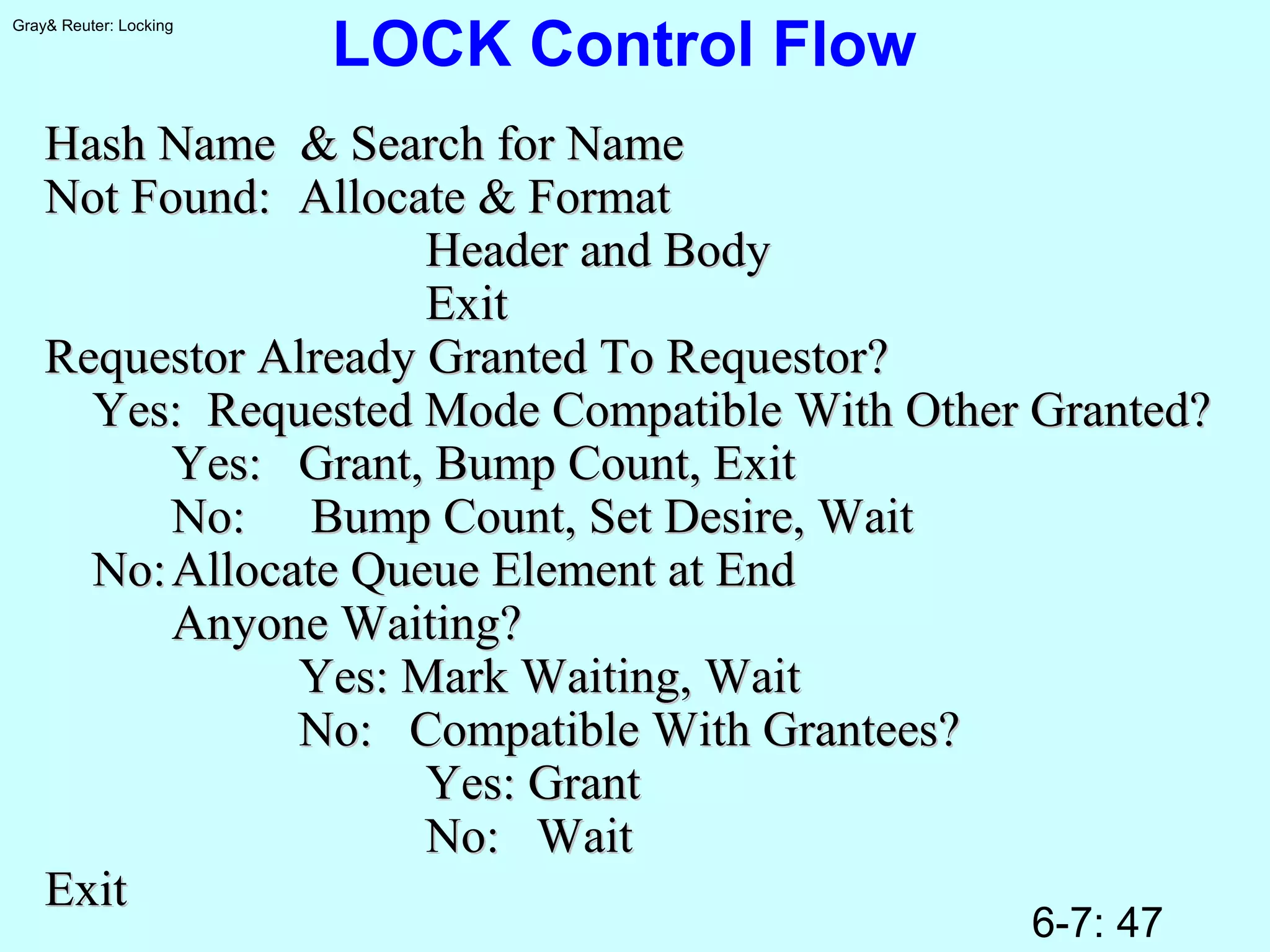 6-7: 47
Gray& Reuter: Locking
LOCK Control Flow
Hash Name & Search for NameHash Name & Search for Name
Not Found:Not Found: Allocate & FormatAllocate & Format
Header and BodyHeader and Body
ExitExit
Requestor Already Granted To Requestor?Requestor Already Granted To Requestor?
Yes: Requested Mode Compatible With Other Granted?Yes: Requested Mode Compatible With Other Granted?
Yes:Yes: Grant, Bump Count, ExitGrant, Bump Count, Exit
No:No: Bump Count, Set Desire, WaitBump Count, Set Desire, Wait
No:No:Allocate Queue Element at EndAllocate Queue Element at End
Anyone Waiting?Anyone Waiting?
Yes: Mark Waiting, WaitYes: Mark Waiting, Wait
No: Compatible With Grantees?No: Compatible With Grantees?
Yes: GrantYes: Grant
No: WaitNo: Wait
ExitExit
 