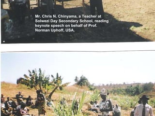 Mr. Chris N. Chinyama, a Teacher at Solwezi Day Secondary School, reading keynote speech on behalf of Prof. Norman Uphoff, USA.   Vote of Thanks by Ms. Kashiketi, Agriculture Officer from Ministry of Agriculture and Cooperatives in Zambia 