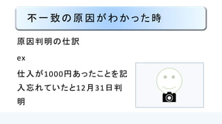不一致の原因がわかった時
原因判明の仕訳
ex
仕入が1000円あったことを記
入忘れていたと12月31日判
明
 